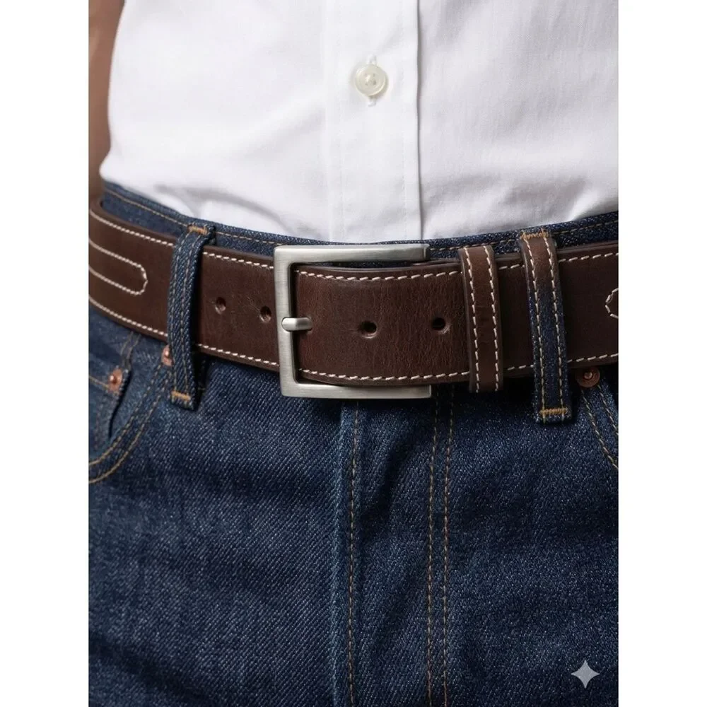 Mens Brown Genuine GrainLeather Belt with Contrast Stitching Size 44